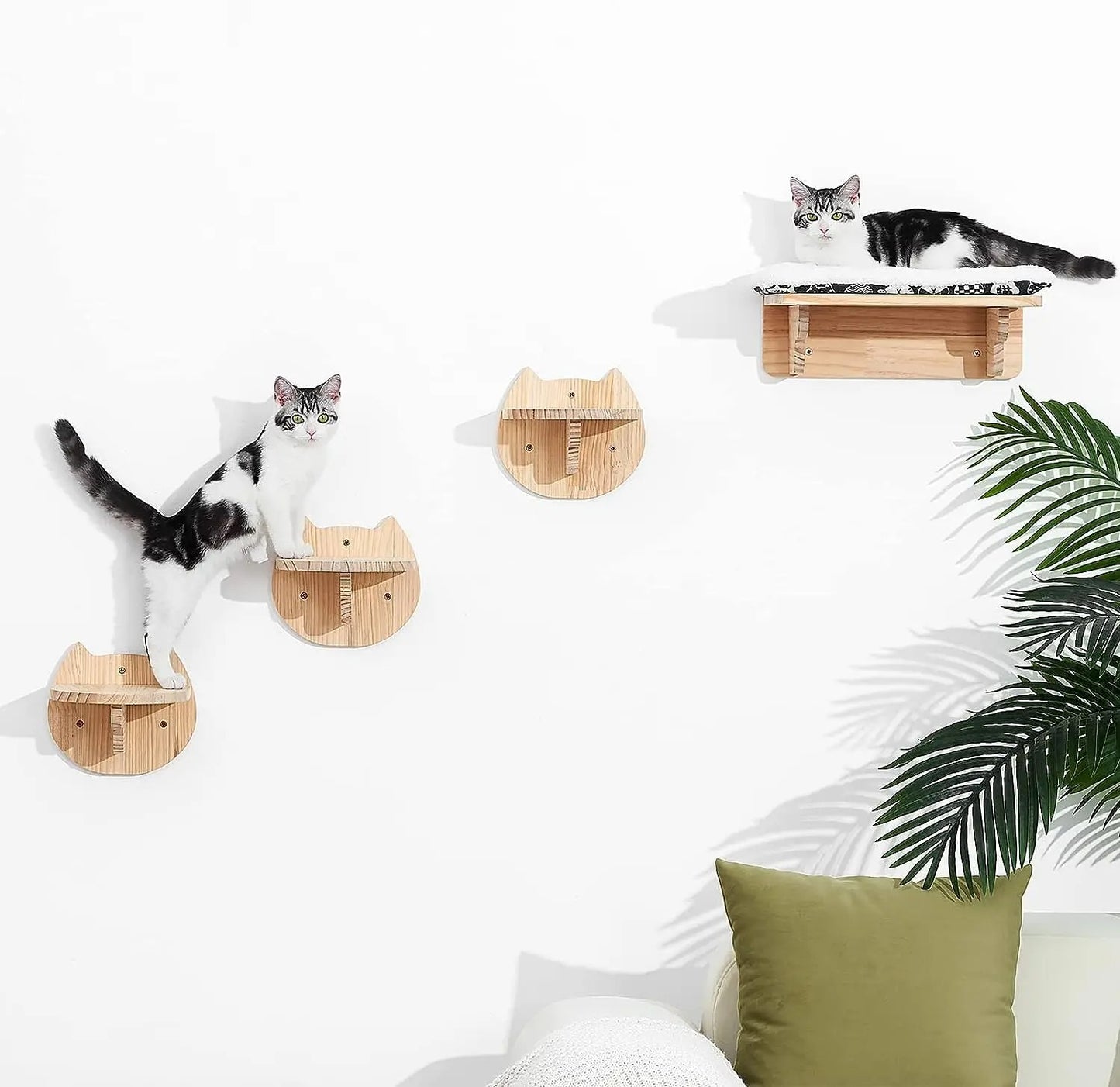 Wall-Mounted Wooden Cat Hammock and Scratching Post with Ladder Steps