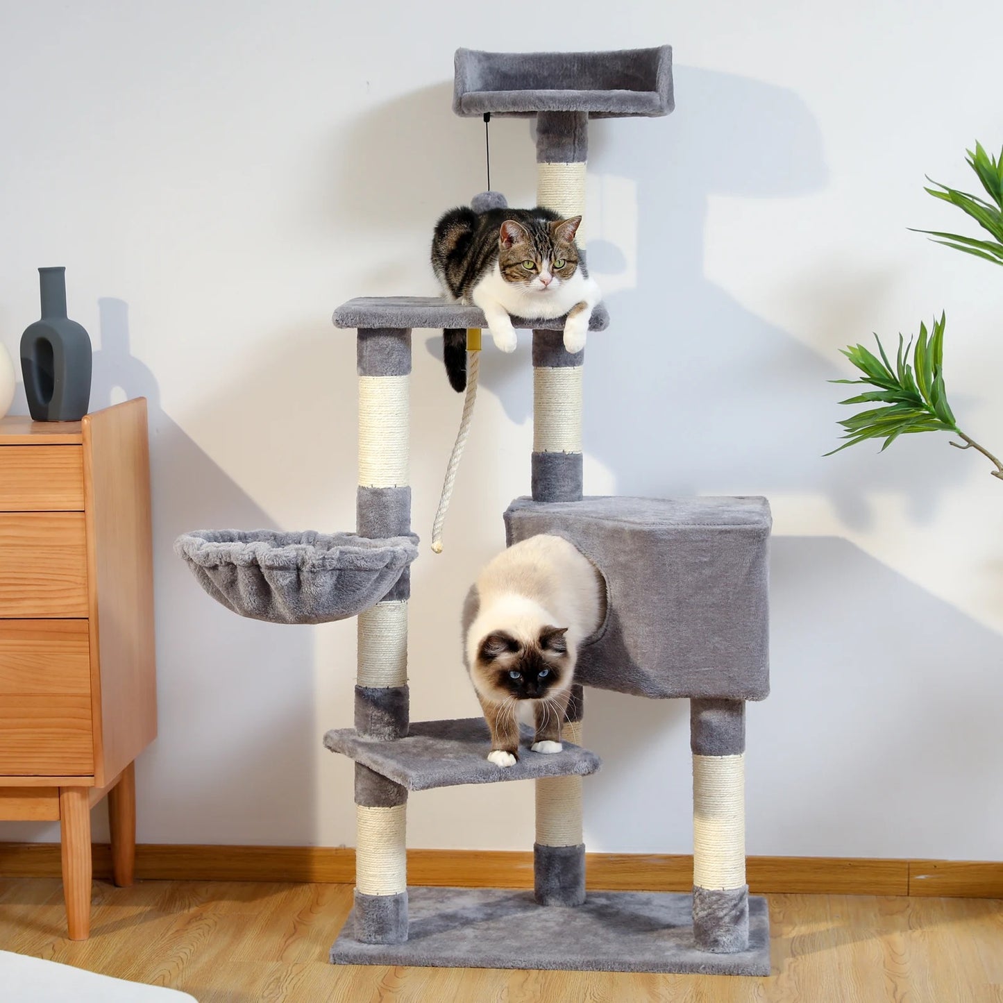 138cm Multi-Level Wooden Cat Tree with Condo and Scratching Posts