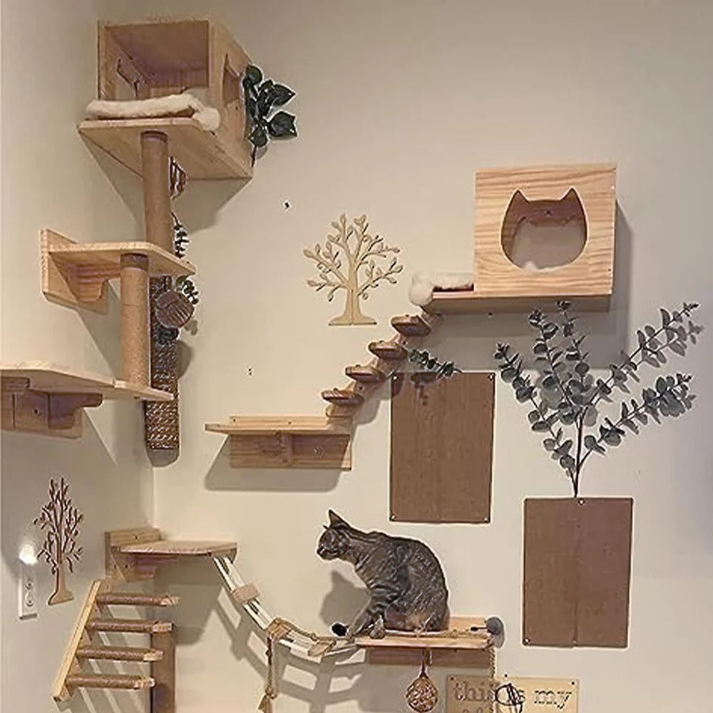 Wall-Mounted Wooden Cat Hammock and Scratching Post with Ladder Steps