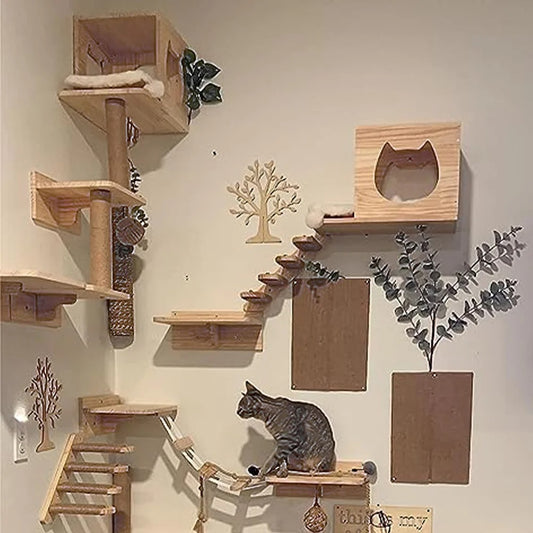 Wall-Mounted Wooden Cat Hammock and Scratching Post with Ladder Steps