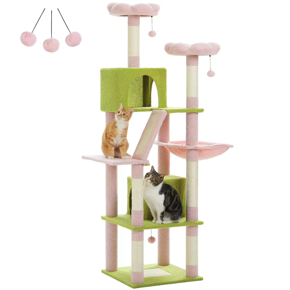 180cm Multi-Level Large Cat Tree with Top Perch, Condos, Scratching Posts and Hammock