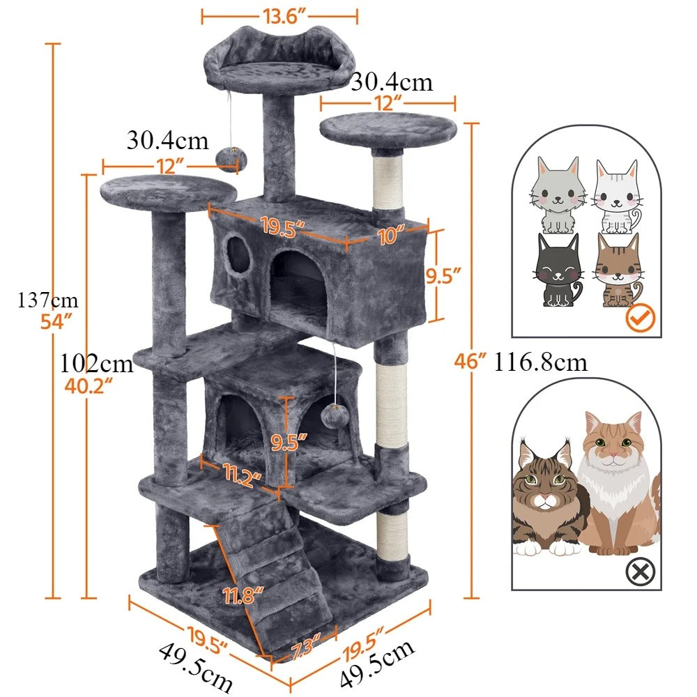 137cm Cat Tree Tower with 2 Condos, 3 Scratching Posts & 2 Dangling Balls – Large Easy-to-Clean Cat House for Kittens & Cats