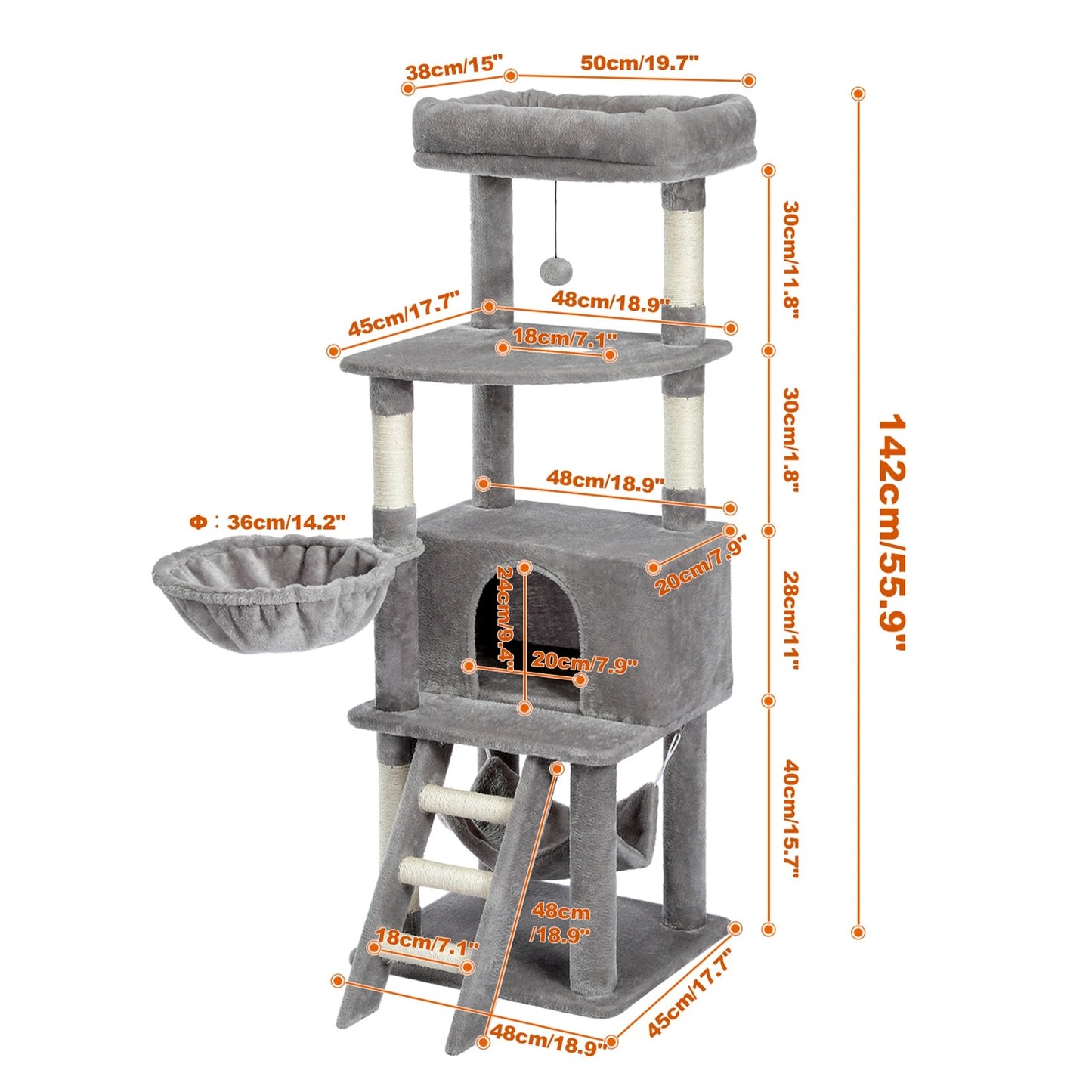 138cm Multi-Level Wooden Cat Tree with Condo and Scratching Posts