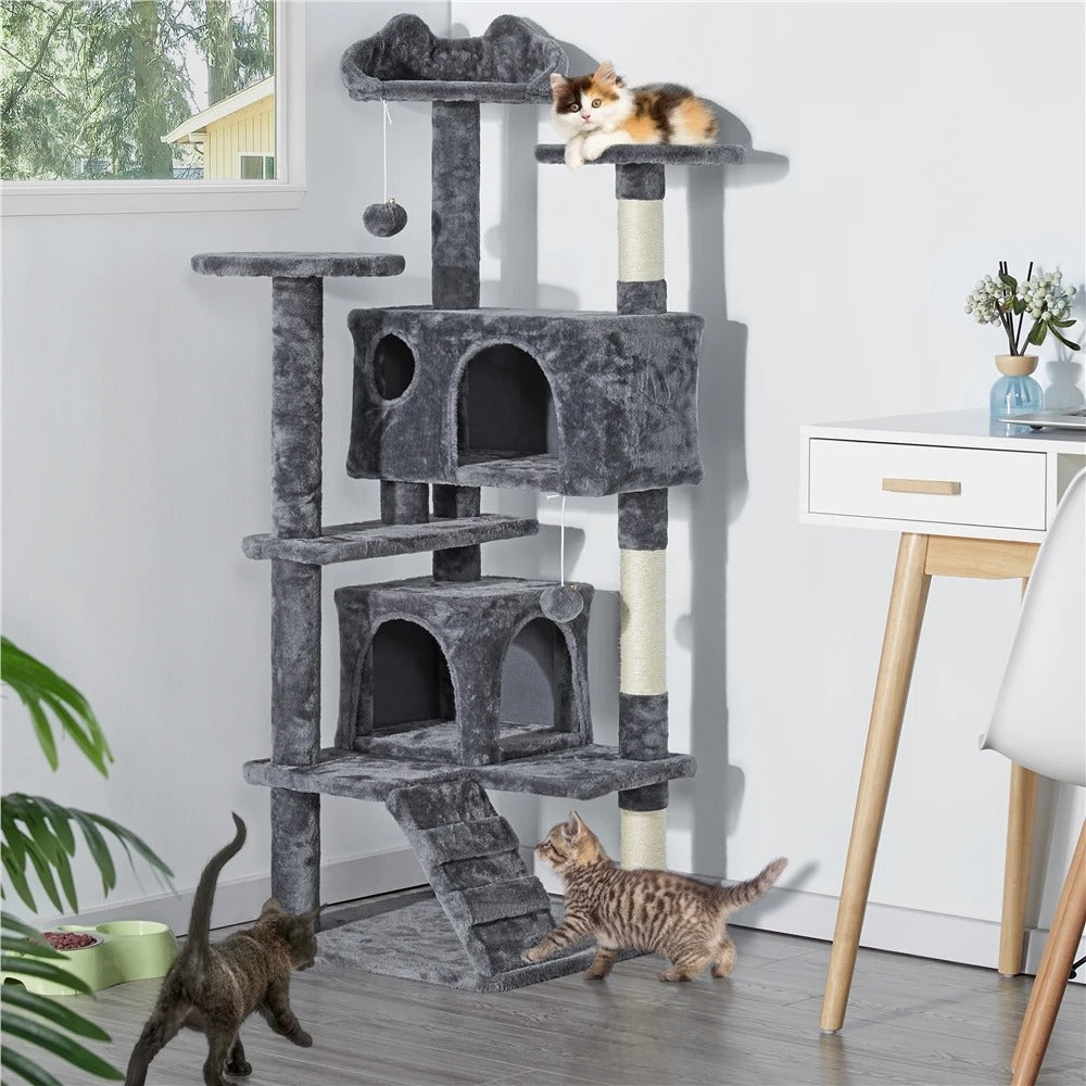 137cm Cat Tree Tower with 2 Condos, 3 Scratching Posts & 2 Dangling Balls – Large Easy-to-Clean Cat House for Kittens & Cats