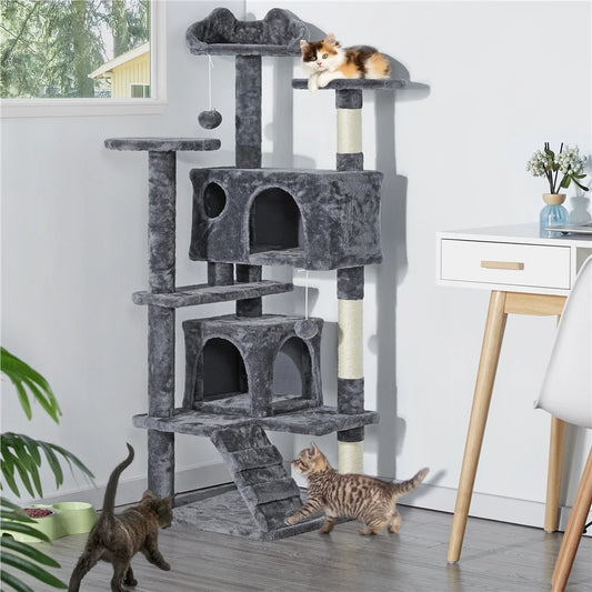 137cm Cat Tree Tower with 2 Condos, 3 Scratching Posts & 2 Dangling Balls – Large Easy-to-Clean Cat House for Kittens & Cats