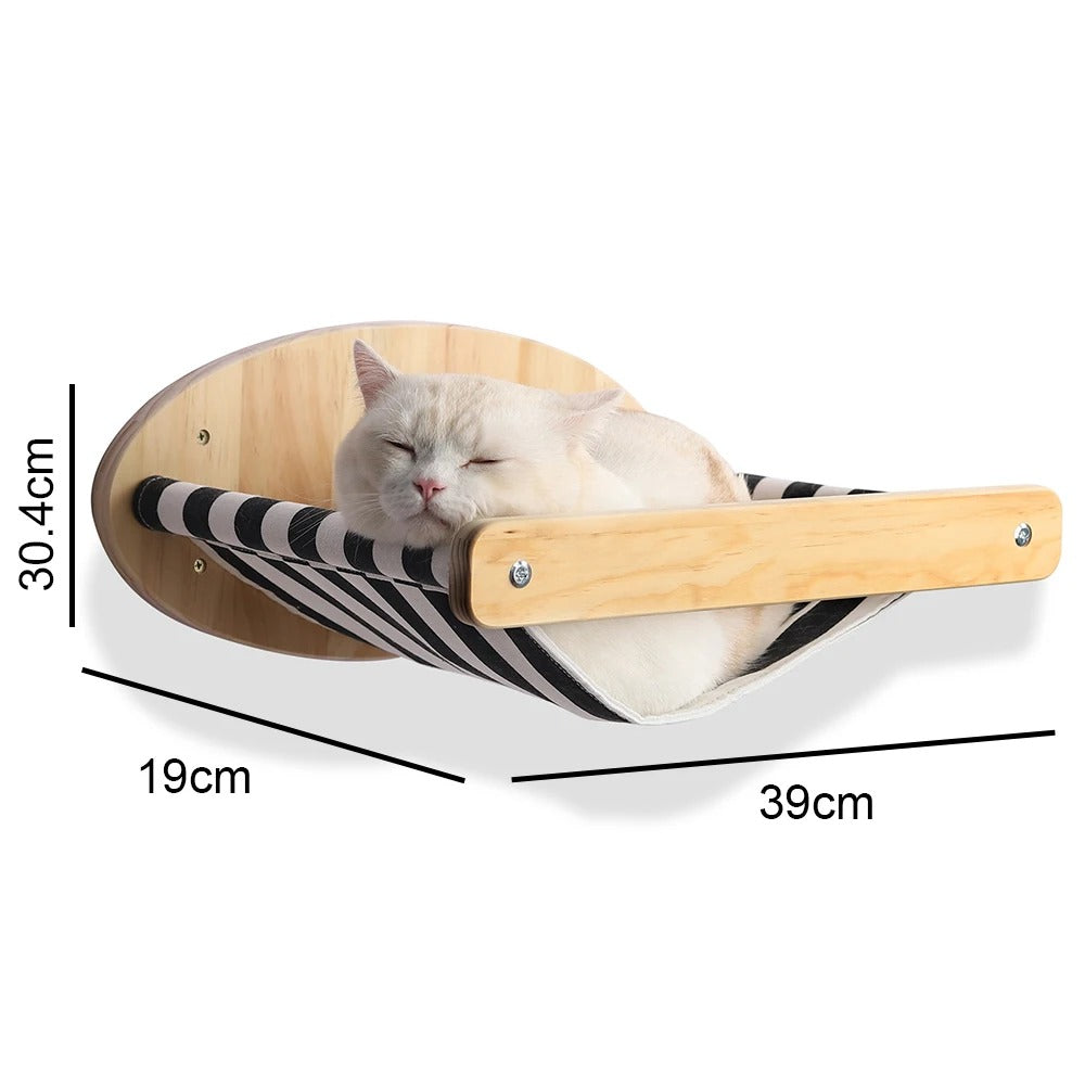Wall-Mounted Wooden Cat Hammock and Scratching Post with Ladder Steps