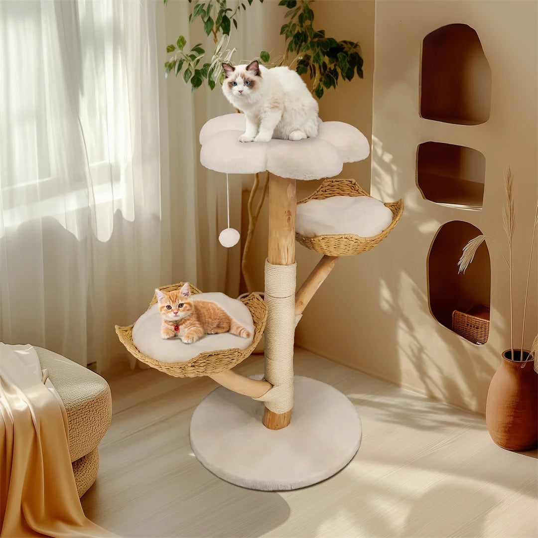 110cm Modern Wooden Cat Tree with Scratching Post – Stylish Climbing Tower for Kittens & Cats