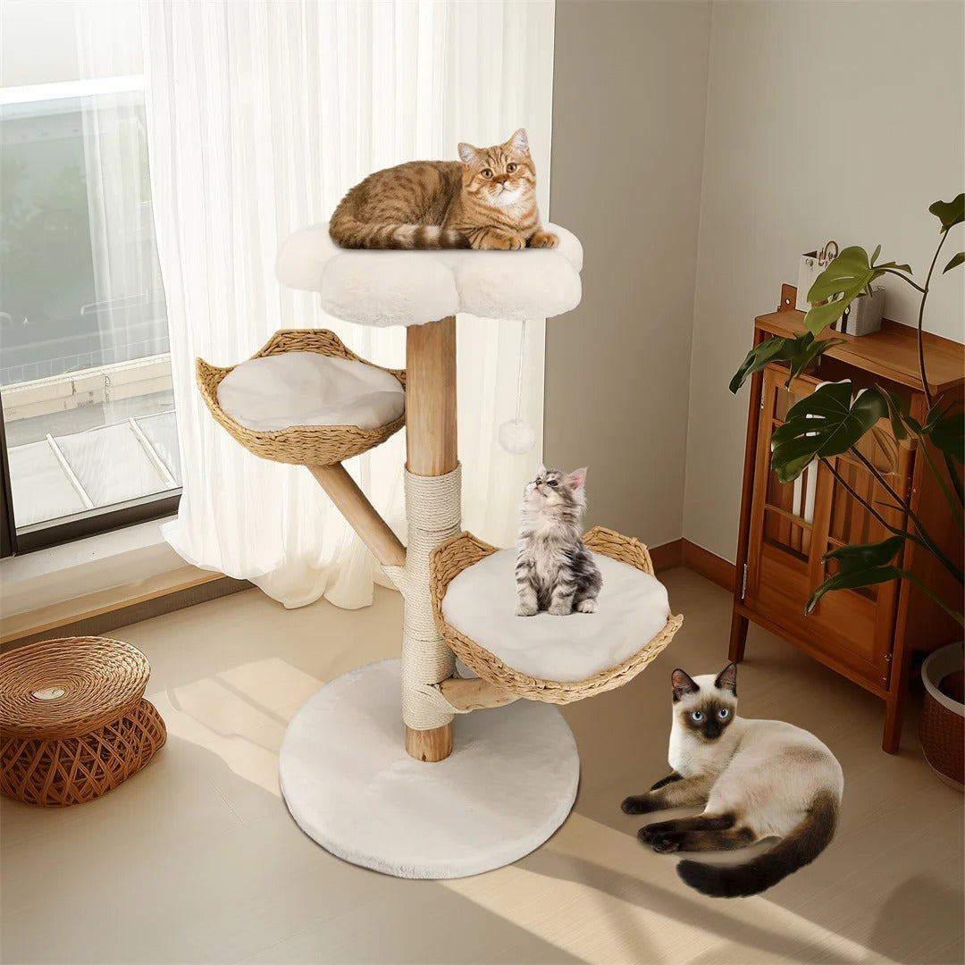 110cm Modern Wooden Cat Tree with Scratching Post – Stylish Climbing Tower for Kittens & Cats