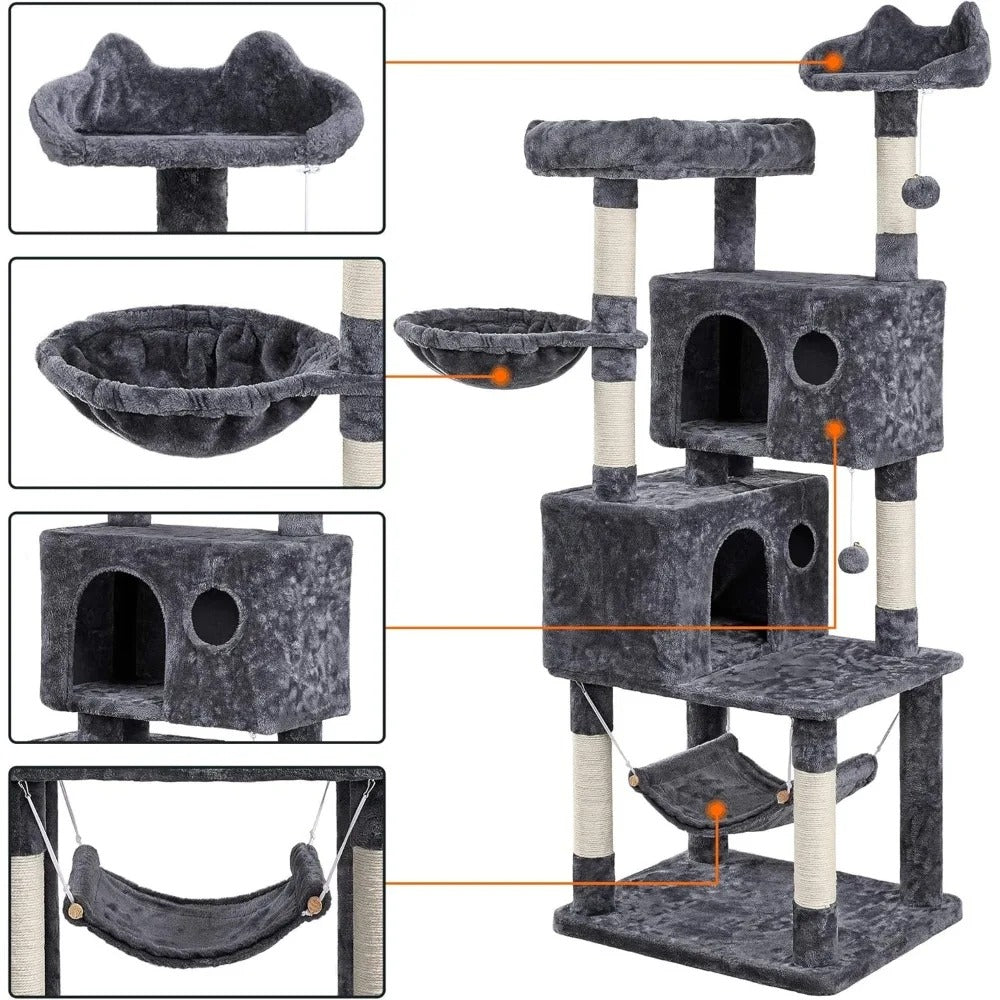 137cm Cat Tree Tower with 2 Condos, 3 Scratching Posts & 2 Dangling Balls – Large Easy-to-Clean Cat House for Kittens & Cats