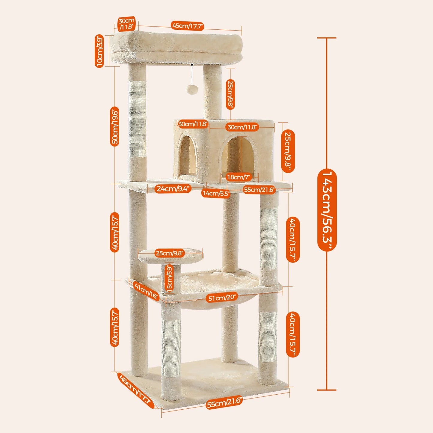138cm Multi-Level Wooden Cat Tree with Condo and Scratching Posts