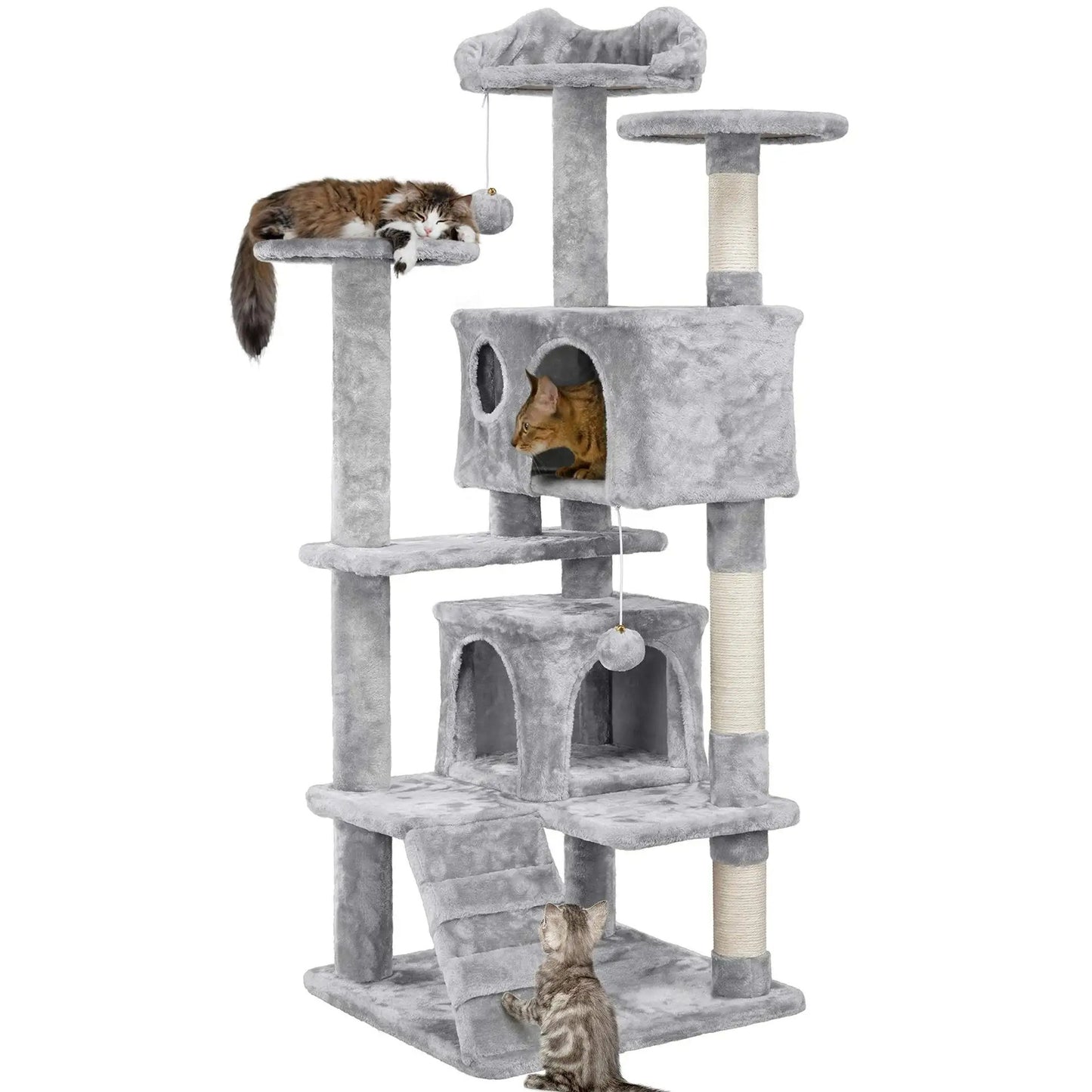 137cm Cat Tree Tower with 2 Condos, 3 Scratching Posts & 2 Dangling Balls – Large Easy-to-Clean Cat House for Kittens & Cats