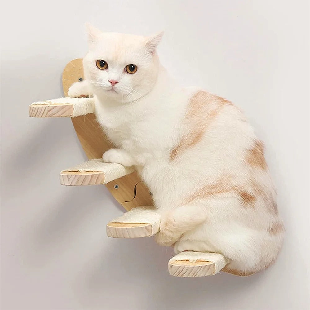 Wall-Mounted Wooden Cat Hammock and Scratching Post with Ladder Steps