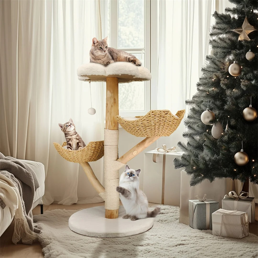 110cm Modern Wooden Cat Tree with Scratching Post – Stylish Climbing Tower for Kittens & Cats