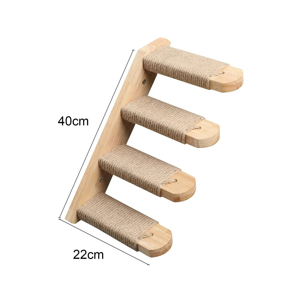 Wall-Mounted Wooden Cat Hammock and Scratching Post with Ladder Steps