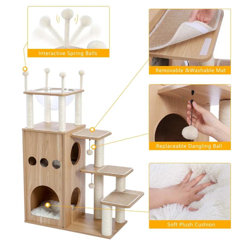 130cm Sky City-Inspired Wooden Cat Tree - Designer Edition with Transparent Capsule