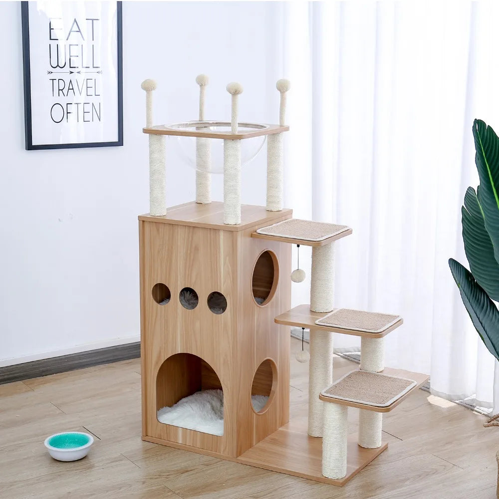 130cm Sky City-Inspired Wooden Cat Tree - Designer Edition with Transparent Capsule