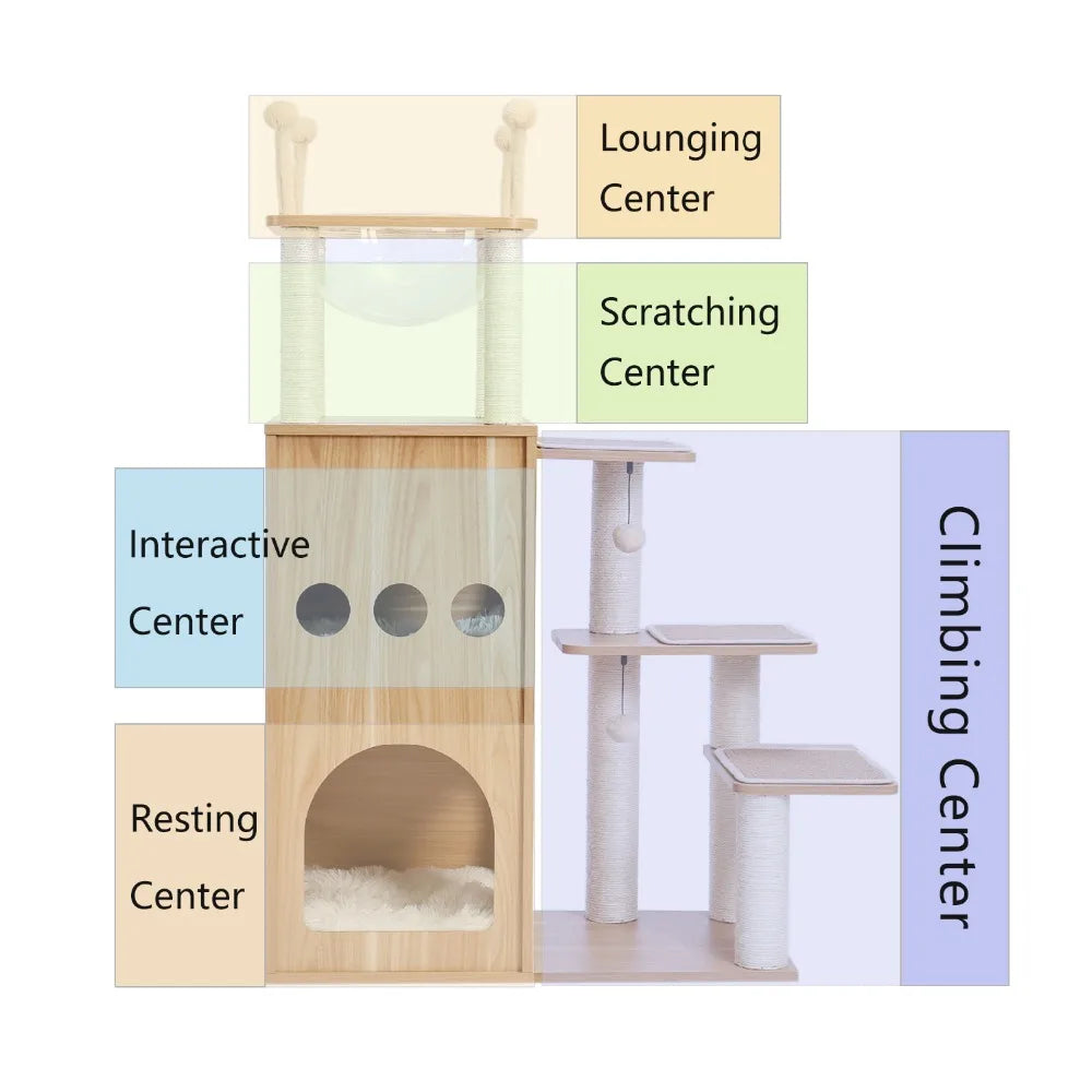 130cm Sky City-Inspired Wooden Cat Tree - Designer Edition with Transparent Capsule
