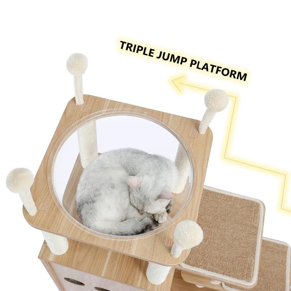 130cm Sky City-Inspired Wooden Cat Tree - Designer Edition with Transparent Capsule