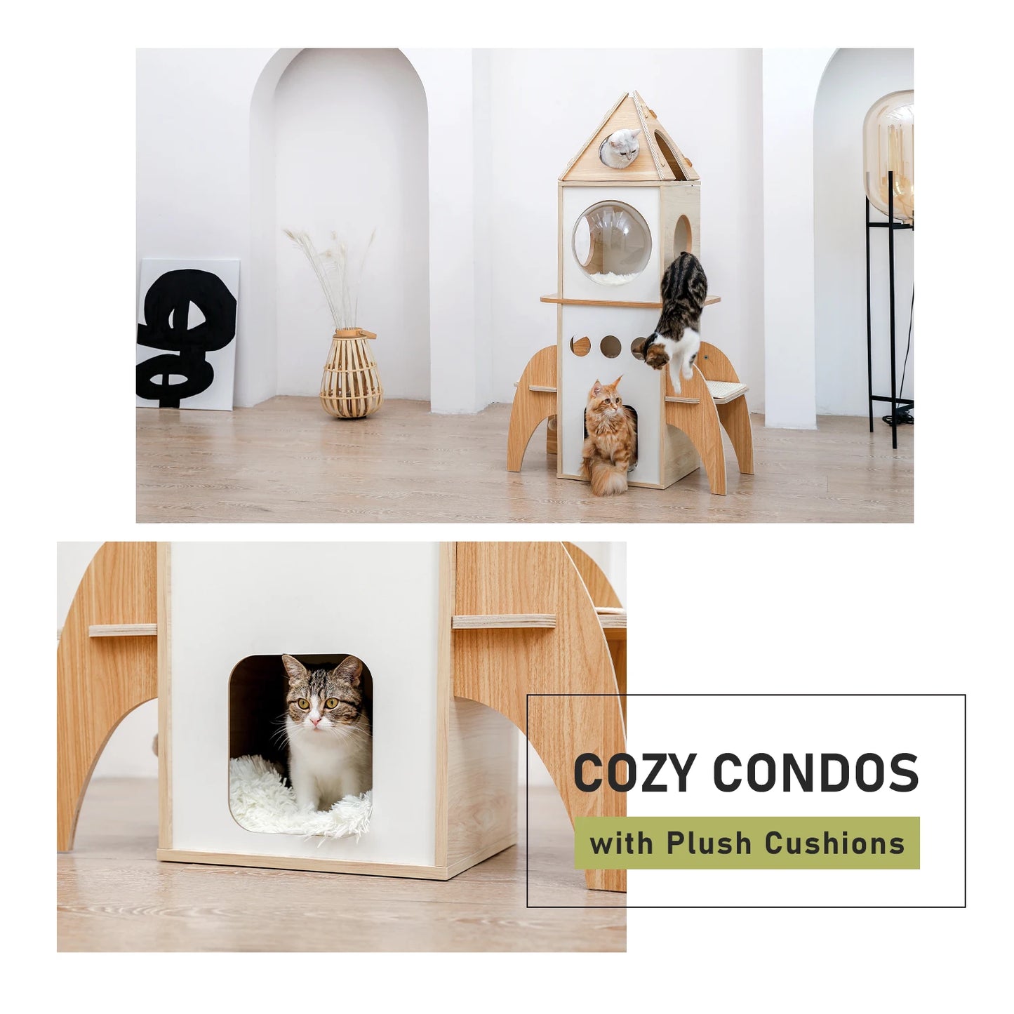 137cm Wooden Rocket Cat Tree with Sisal Scratching Posts and Cozy Condos