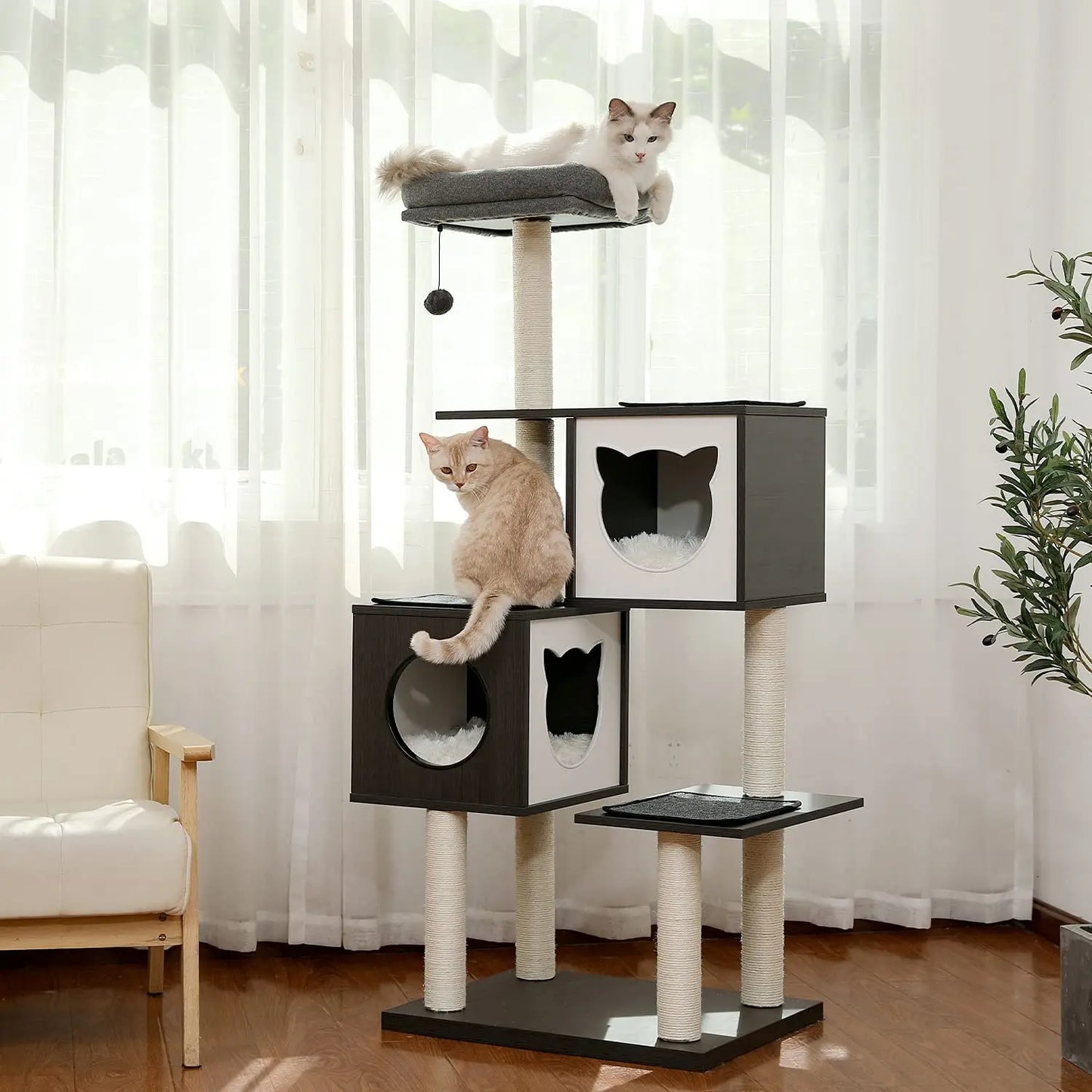 147cm Chic & Modern Cat Tree - Elegant Design with Playful Features