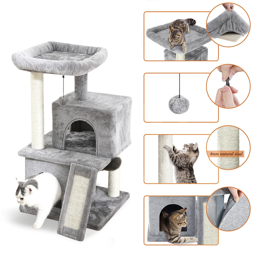 89cm Dual-Material Cat Tower with Tunnel and Activity Center