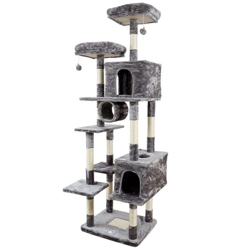 206cm Extra Large Cat Tree Tower with Multiple Condos, Tunnel, Hammock, Grooming Brush & Sisal Posts