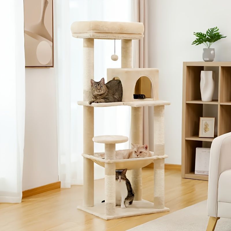 143cm Large Cat Tree with Sisal Scratching Posts, Cozy Condo and Big Hammock