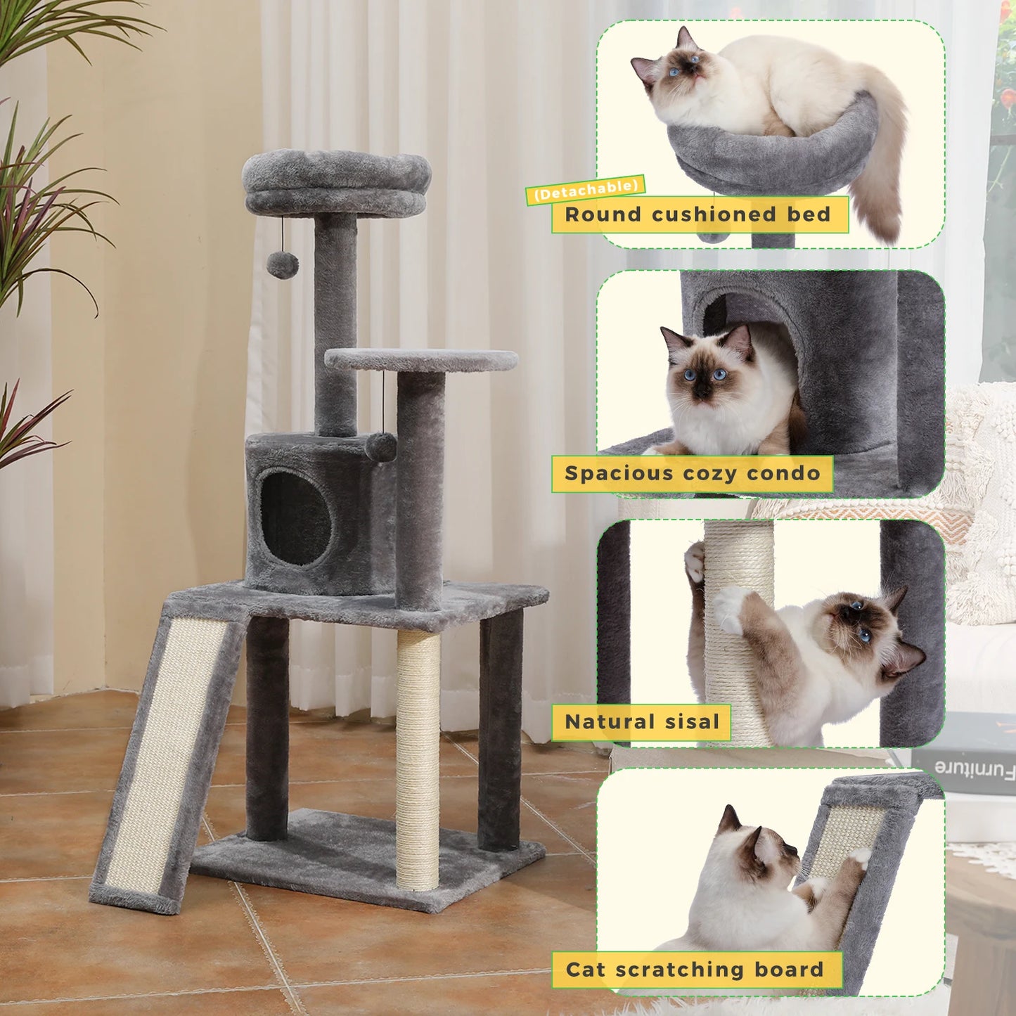 117cm Deluxe Climber Cat Tree with Scratching Post & Play Area - Pet Essentials