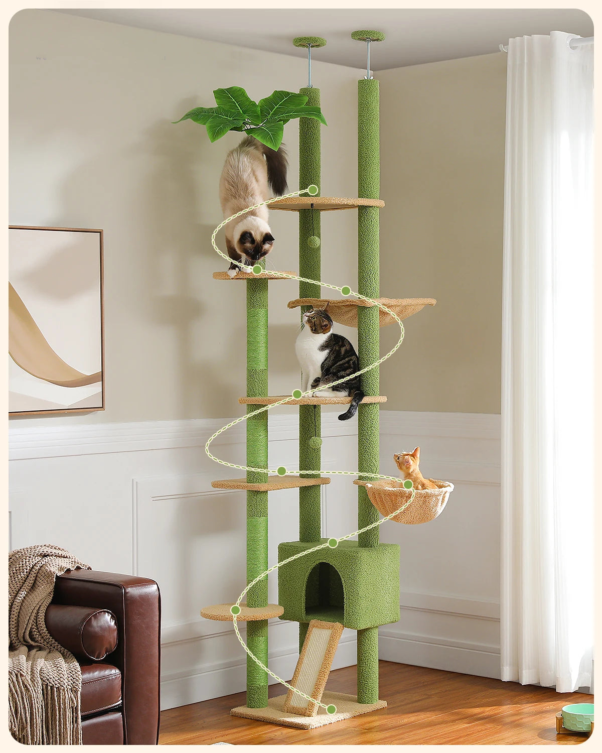 Adjustable 230-252cm Cactus-Themed Cat Tree with Multiple Features
