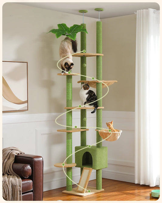 Adjustable 230-252cm Cactus-Themed Cat Tree with Multiple Features
