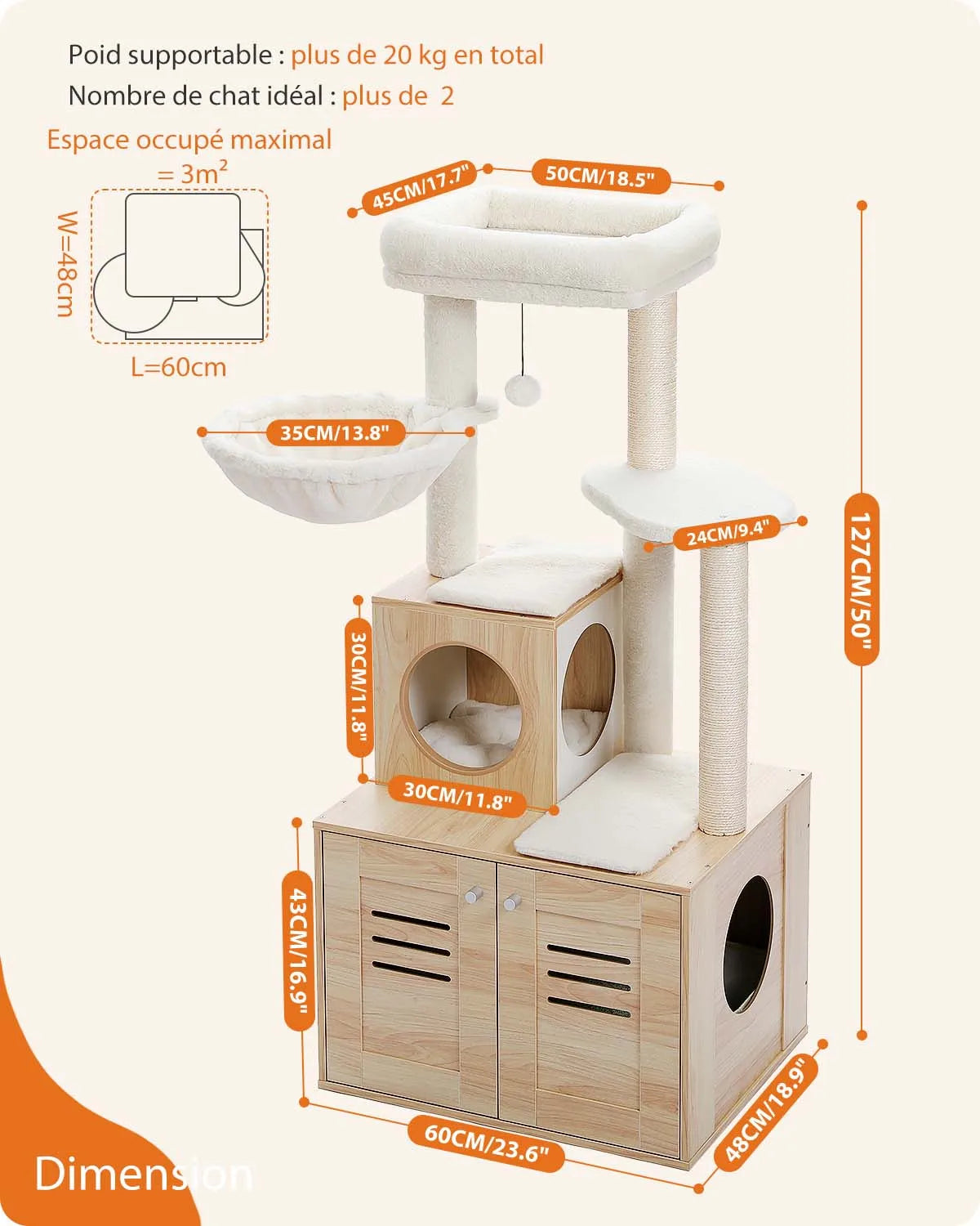 127CM Contemporary Cat Tree with Integrated Cabinet - Solid Wood Litter Box Enclosure & Spacious Hammock