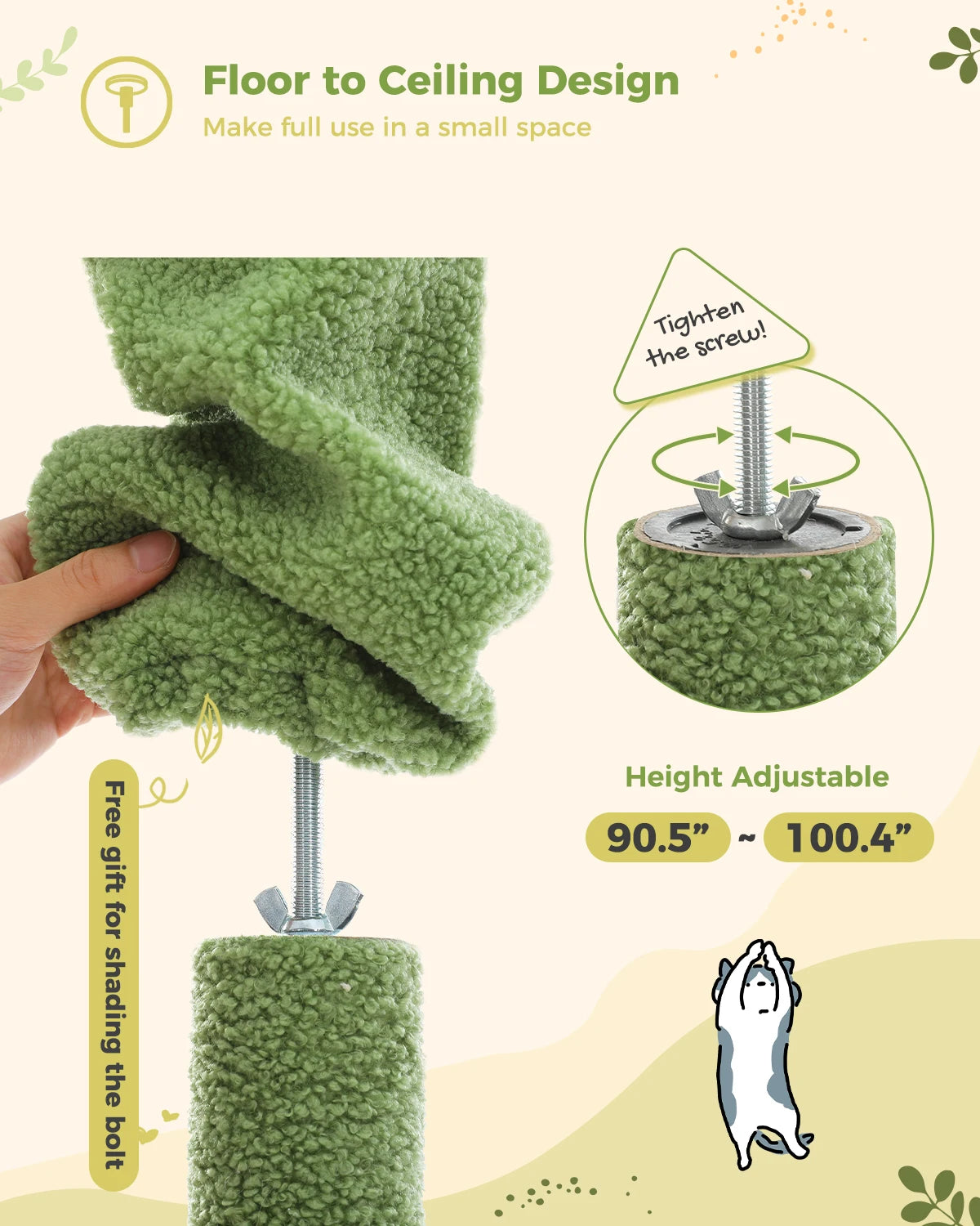 Adjustable 230-252cm Cactus-Themed Cat Tree with Multiple Features