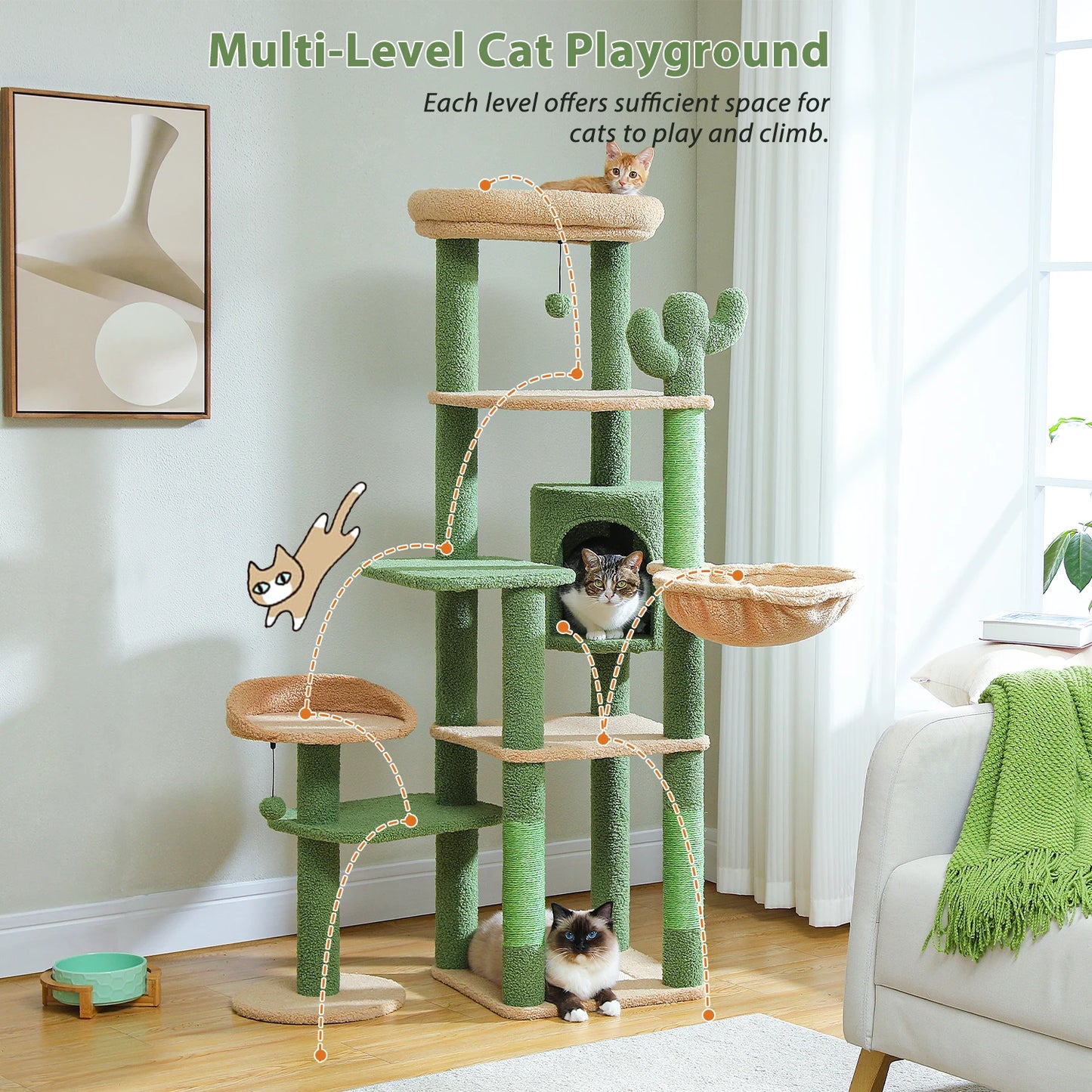 150CM Cactus-Themed Large Cat Tree - Cozy Hammock & Condo with Scratching Posts