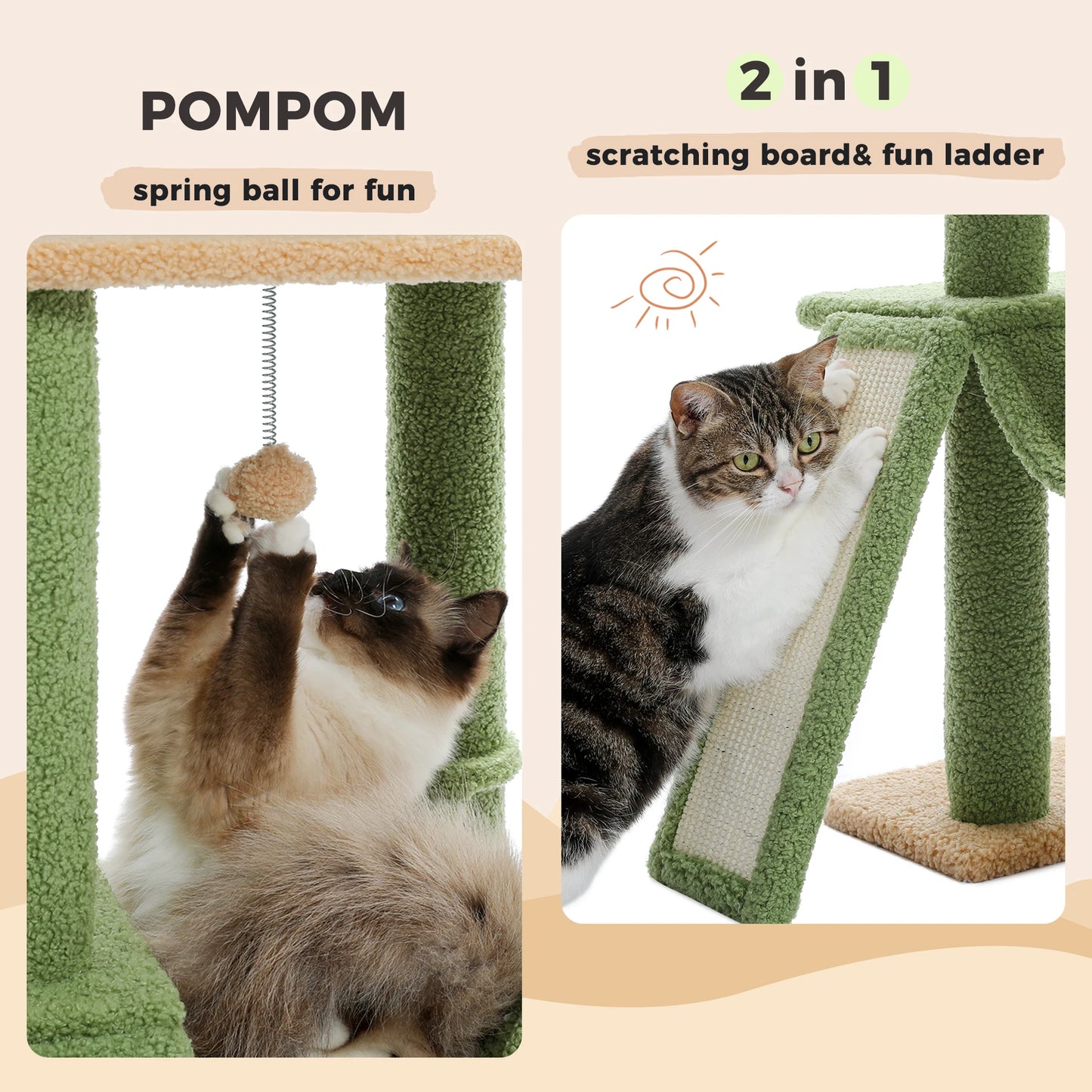 Adjustable 216-285cm Cactus-Themed High Cat Tower with Condo and Hammock