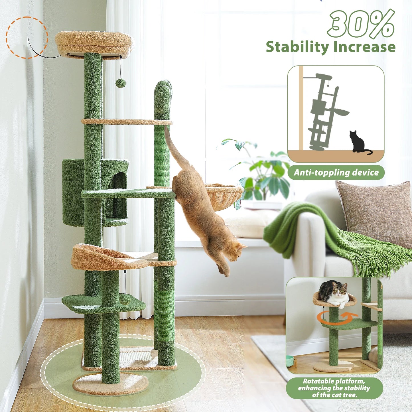 150CM Cactus-Themed Large Cat Tree - Cozy Hammock & Condo with Scratching Posts