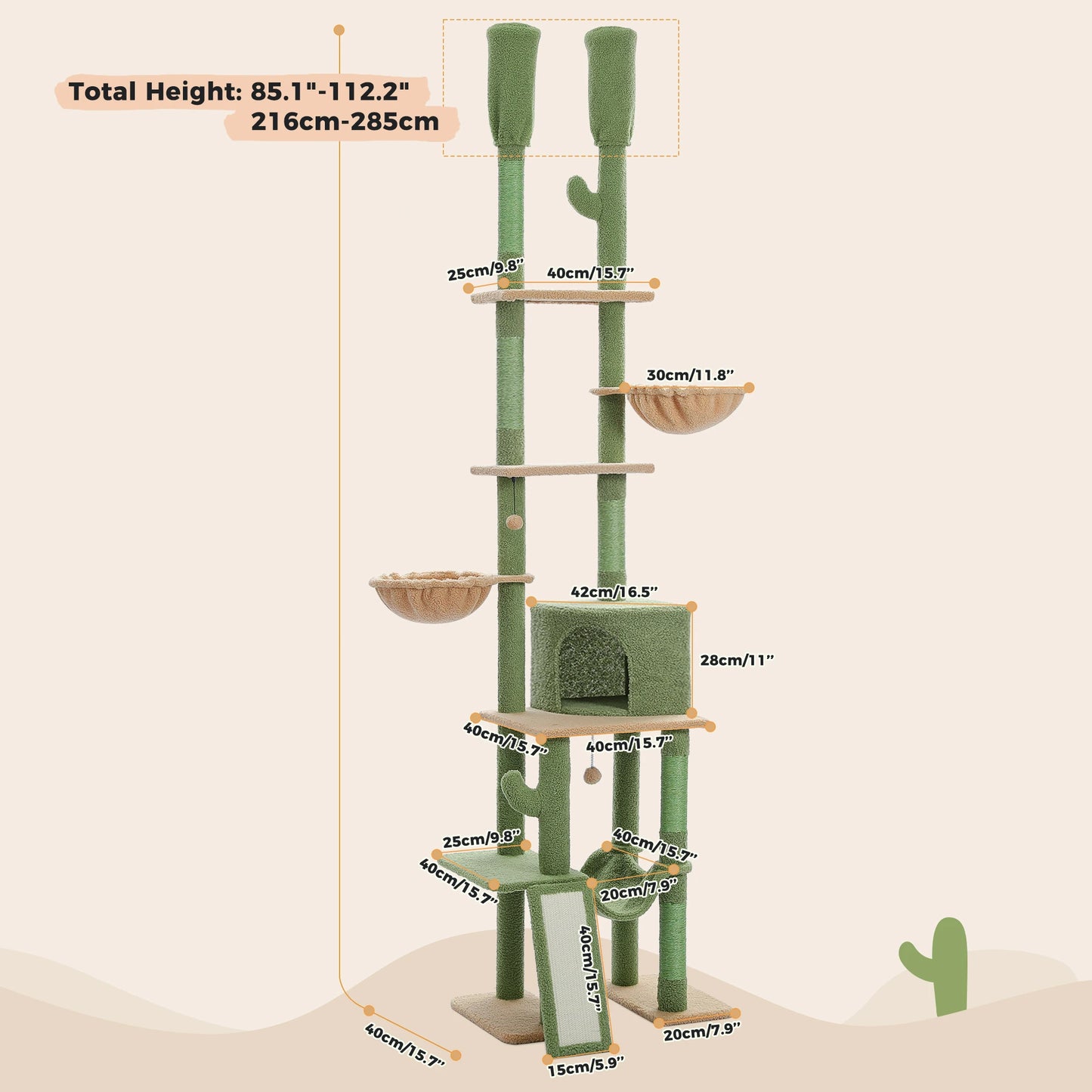 Adjustable 216-285cm Cactus-Themed High Cat Tower with Condo and Hammock
