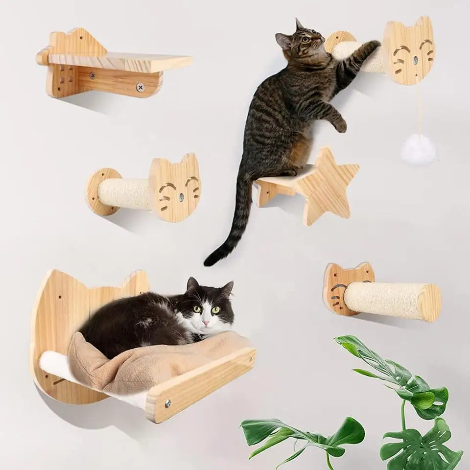 Wall-Mounted Wooden Cat Hammock and Scratching Post with Ladder Steps
