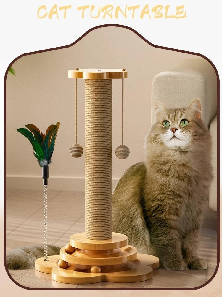 Cat Scratching Post with Sisal Board & Interactive Toy Balls β Durable Solid Wood Cat Toy with Funny Stick
