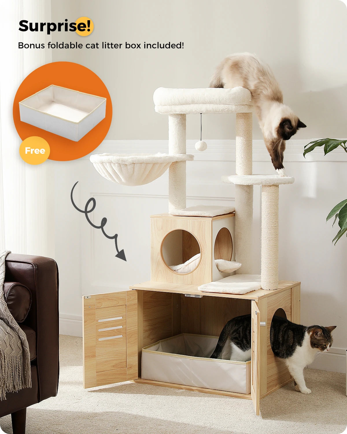 127CM Contemporary Cat Tree with Integrated Cabinet - Solid Wood Litter Box Enclosure & Spacious Hammock