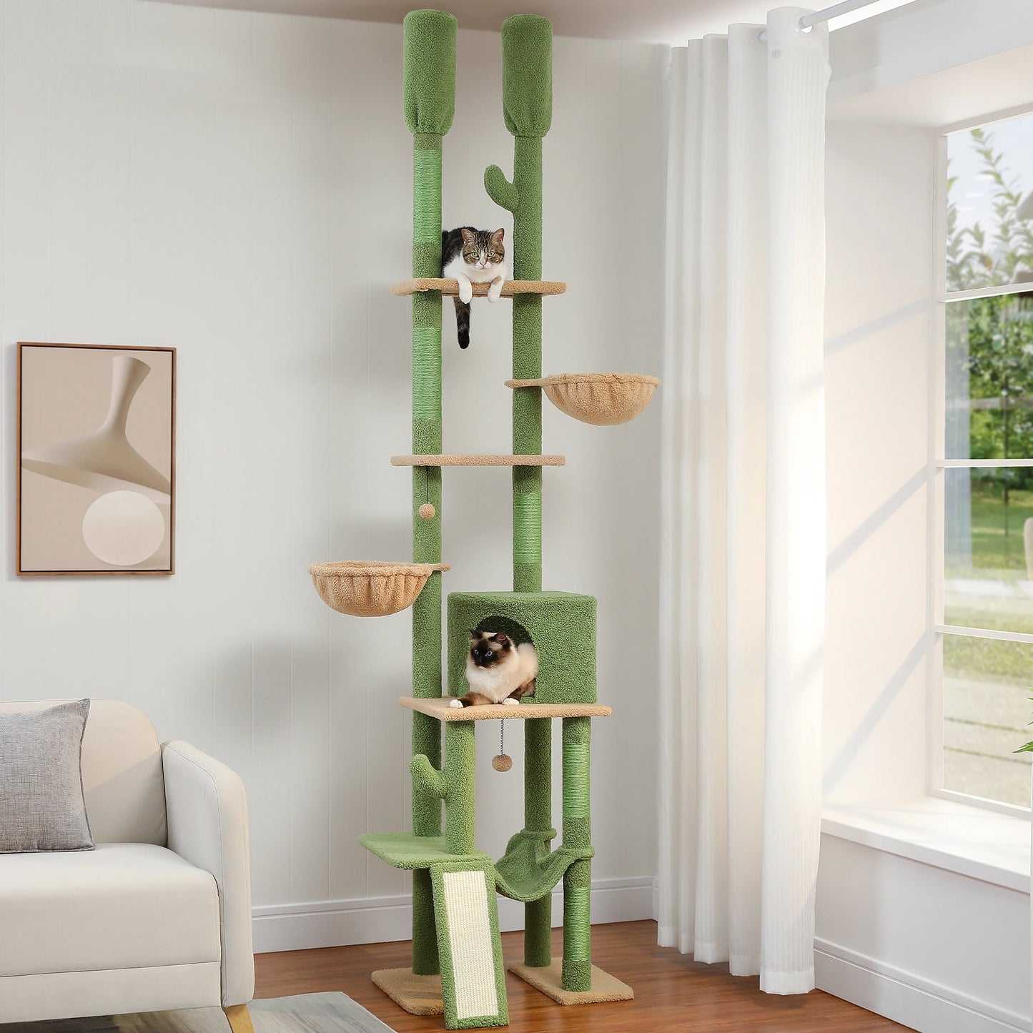 Adjustable 216-285cm Cactus-Themed High Cat Tower with Condo and Hammock