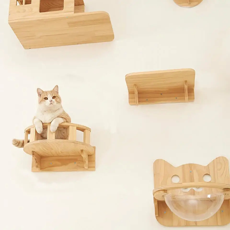 Wall-Mounted Wooden Cat Hammock and Scratching Post with Ladder Steps