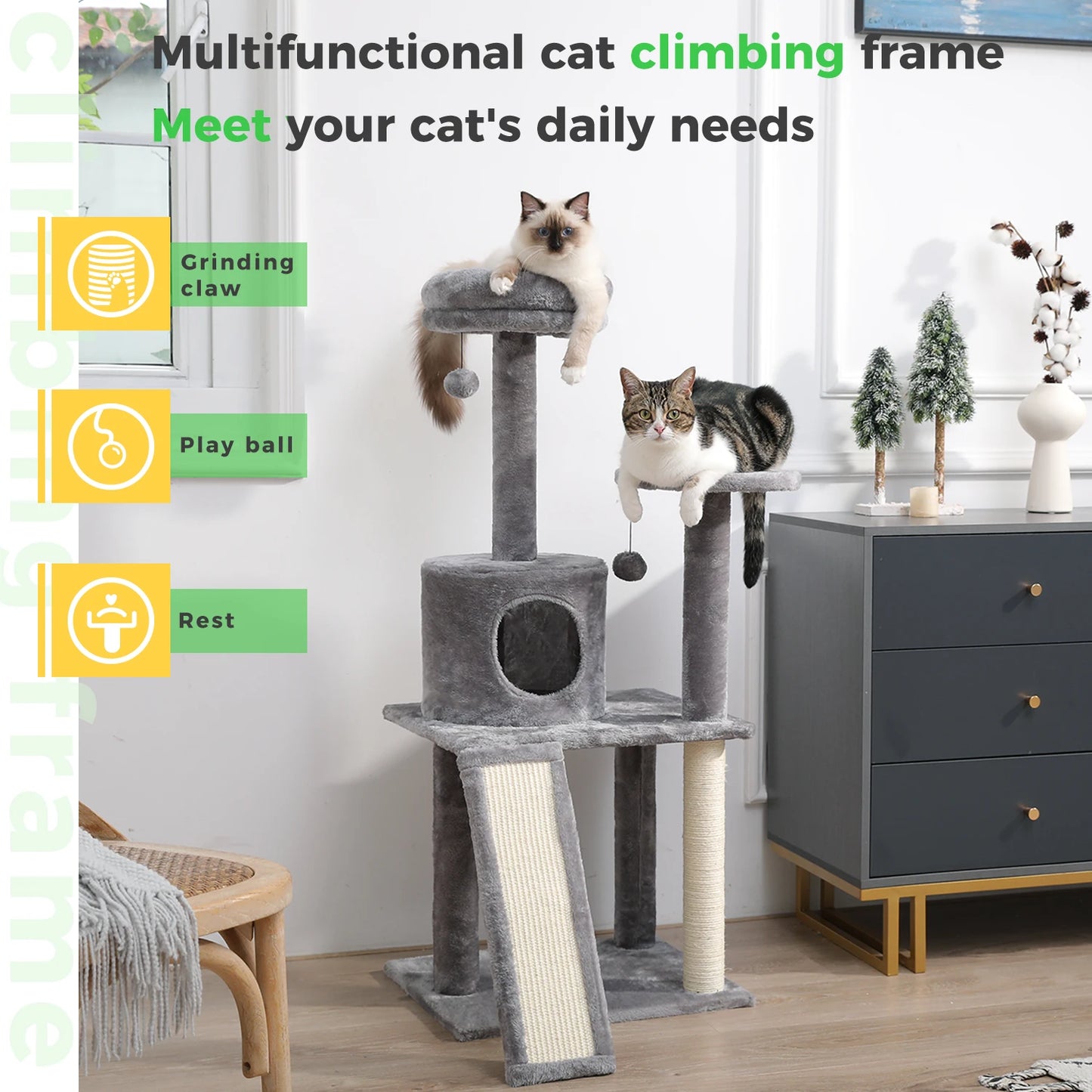 117cm Deluxe Climber Cat Tree with Scratching Post & Play Area - Pet Essentials