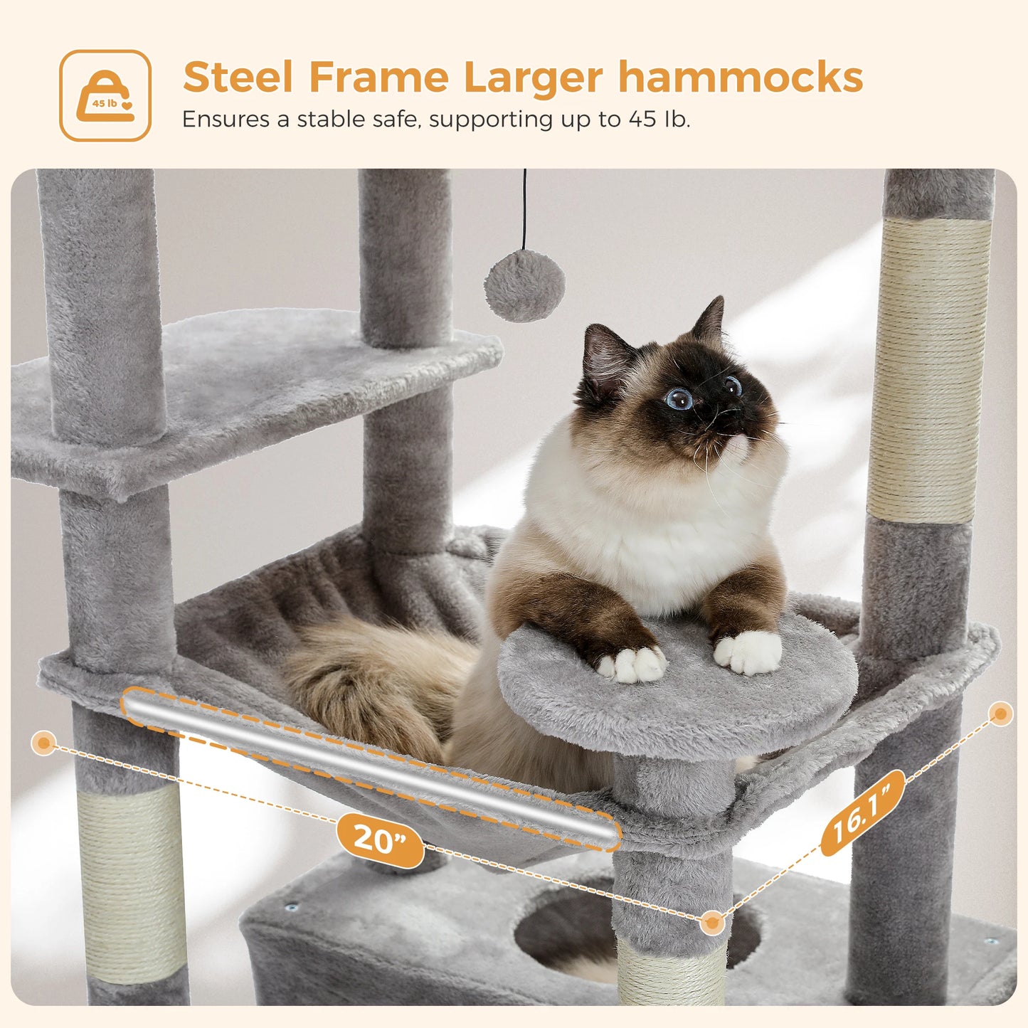 184cm Majestic Multi-Level Cat Tree with Condo, Hammock, and Scratching Post