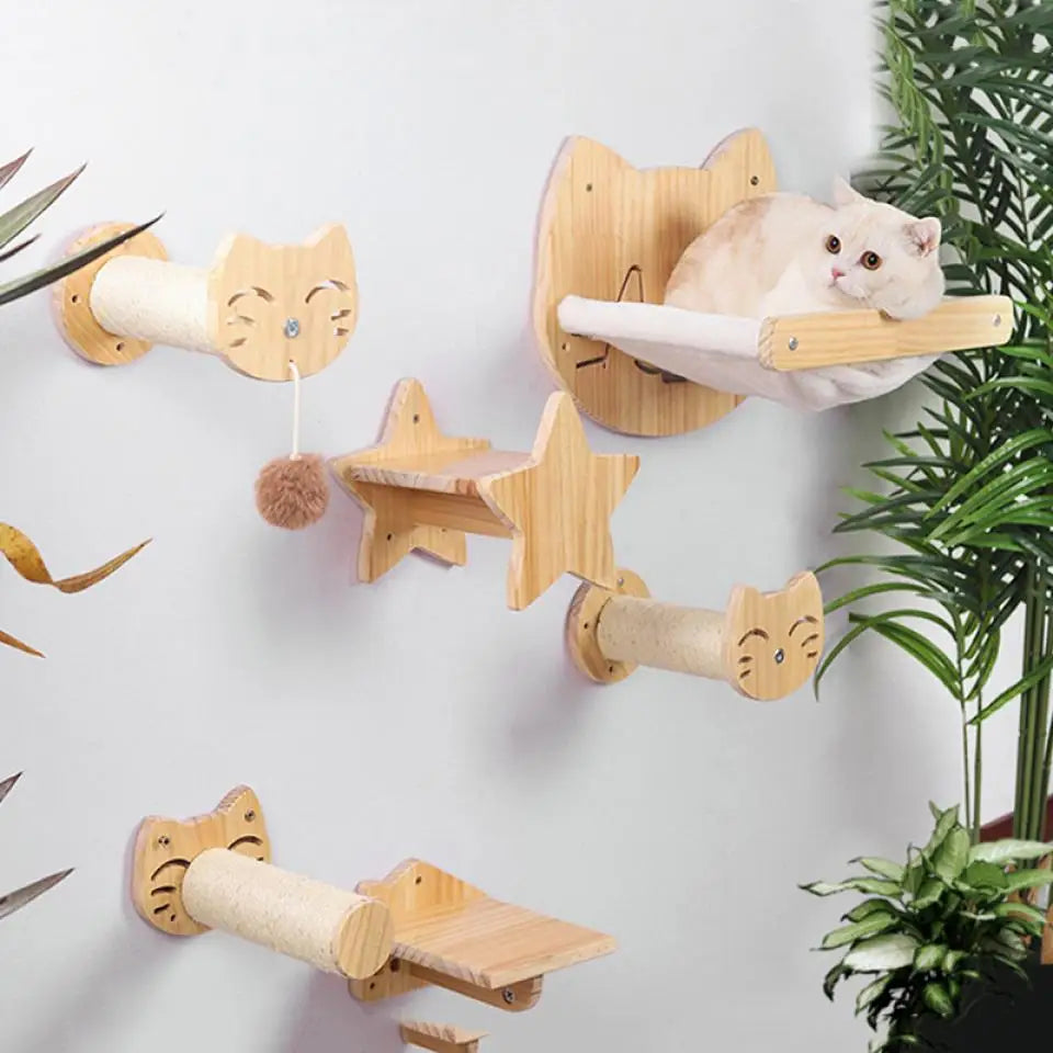 Wall-Mounted Wooden Cat Hammock and Scratching Post with Ladder Steps