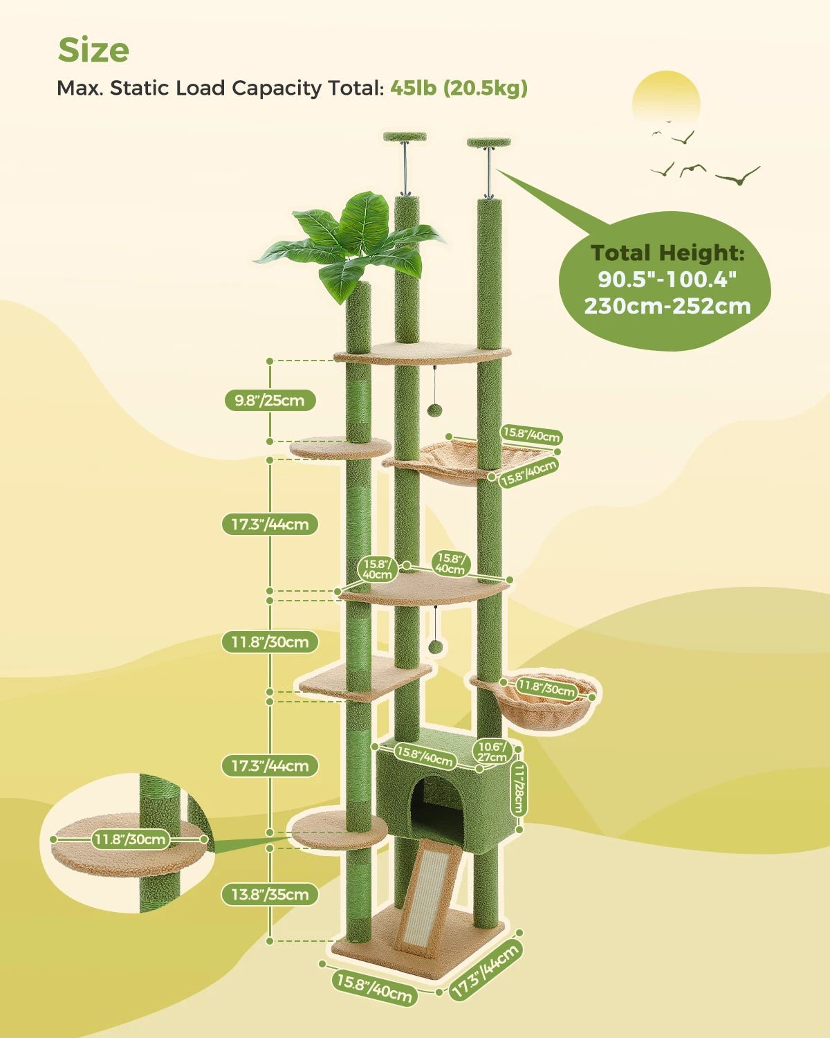 Adjustable 230-252cm Cactus-Themed Cat Tree with Multiple Features