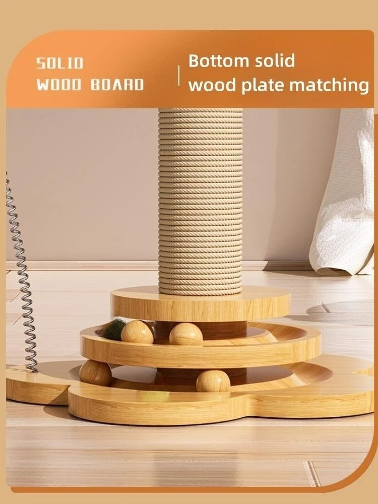 Cat Scratching Post with Sisal Board & Interactive Toy Balls β Durable Solid Wood Cat Toy with Funny Stick