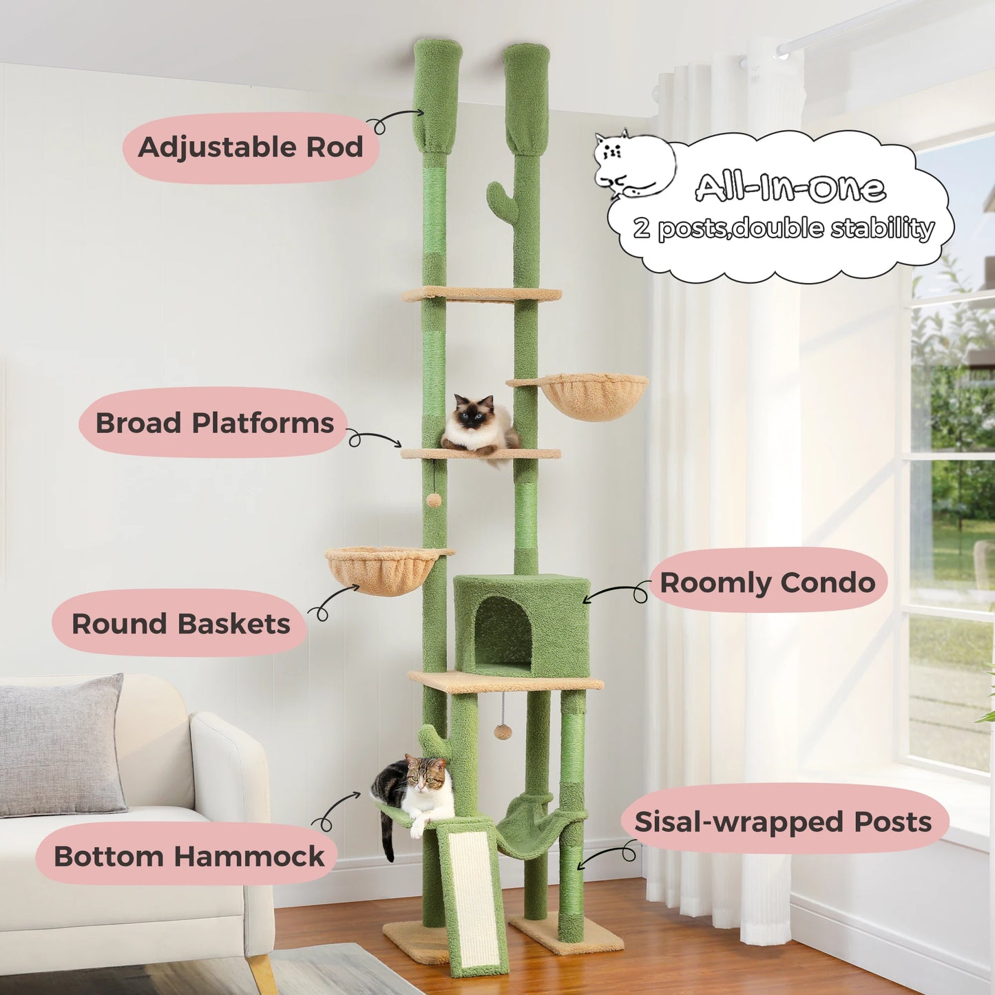 Adjustable 216-285cm Cactus-Themed High Cat Tower with Condo and Hammock