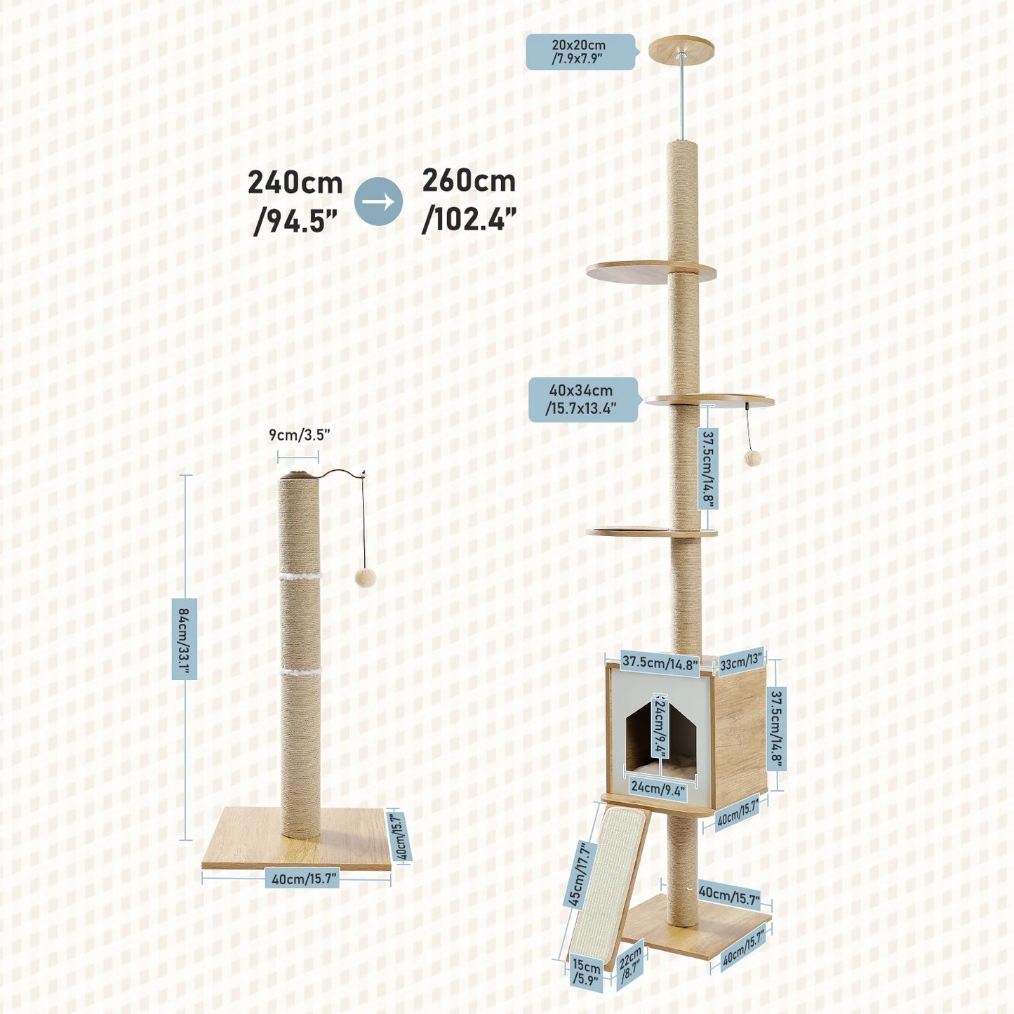 Adjustable 240-260cm Cat Tree - 'Cat Town' High-Rise Tower