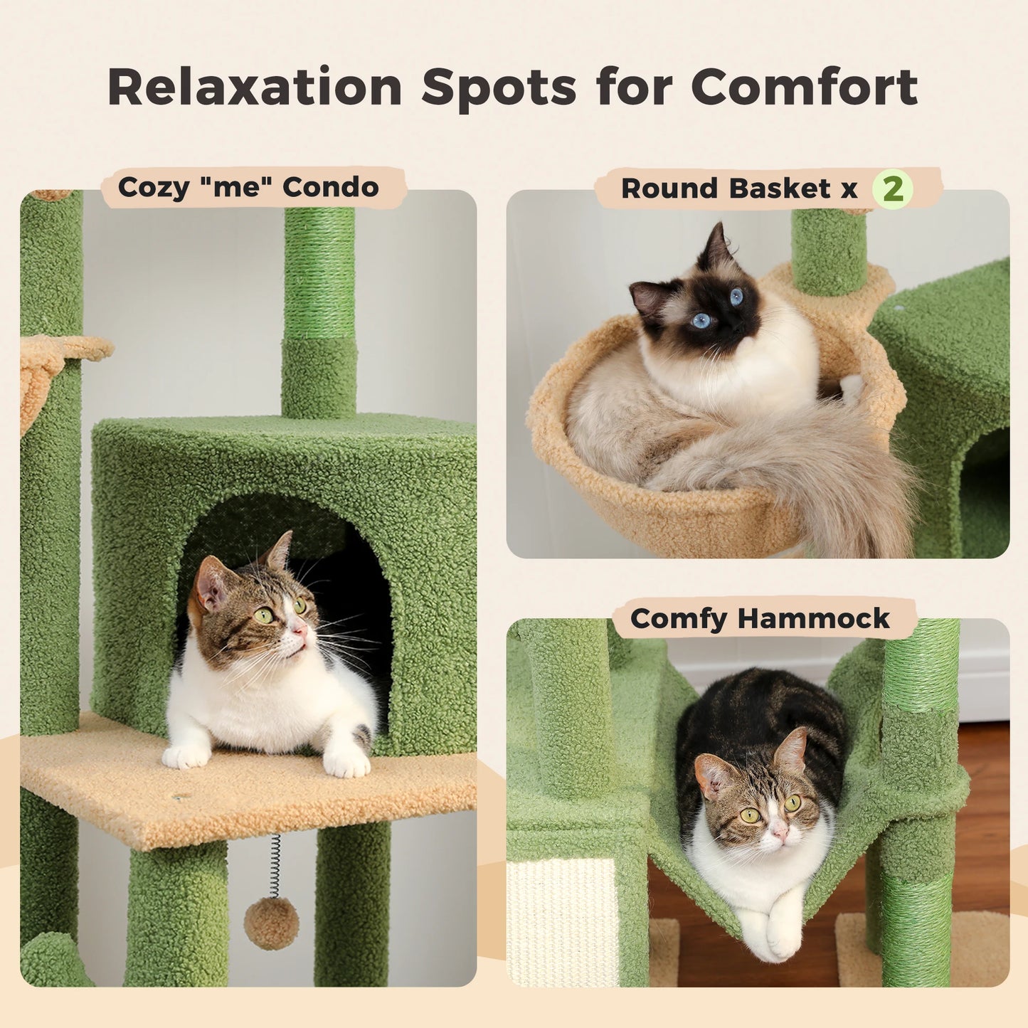 Adjustable 216-285cm Cactus-Themed High Cat Tower with Condo and Hammock