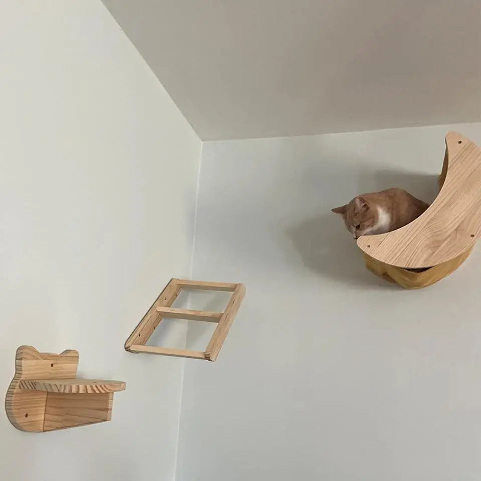 Wall-Mounted Wooden Cat Hammock and Scratching Post with Ladder Steps